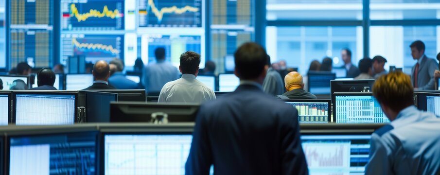 Busy trading floor with multiple screens displaying financial data. Professionals in formal wear focused on market trends and analysis