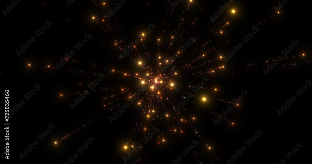 Wall mural explosive scattering of red, orange, white particles with tails of sparkling small particles on a bl