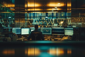 An analyst immersed in data analysis at a bustling financial hub, surrounded by glowing screens showcasing market trends