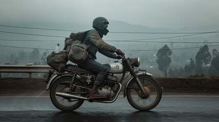 motorcycle delivery with a detailed shot of a delivery rider's backpack specifically designed for transporting goods, demonstrating its practicality in urban settings.