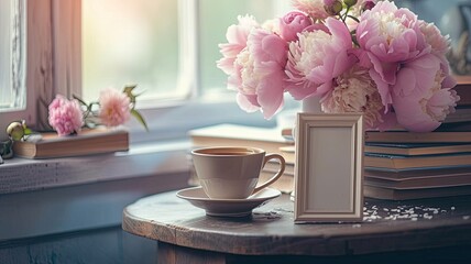a breakfast still life featuring a steaming cup of coffee, neatly arranged books, an empty photo frame mockup, all set on a rustic wooden table adorned with a vase of blooming peonies.
