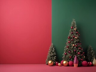 Fototapeta na wymiar Christmas fir tree in a red background with red and gold balls with blank text space