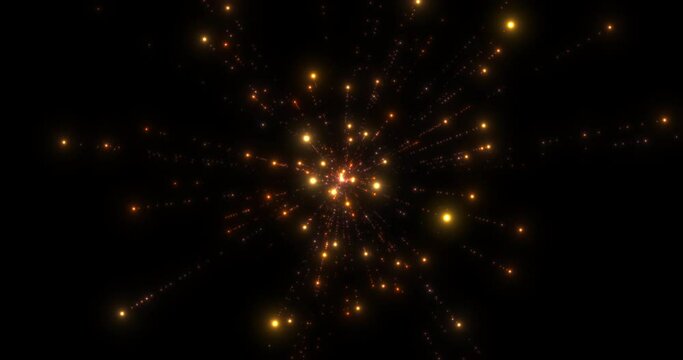Explosive scattering of red, orange, white particles with tails of sparkling small particles on a black background. Abstract animation.