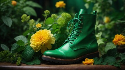 green boot in yellow flowers flowers