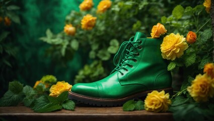 green boot in flowers
