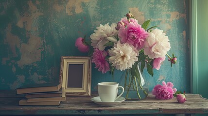 a breakfast still life featuring a steaming cup of coffee, neatly arranged books, an empty photo frame mockup, all set on a rustic wooden table adorned with a vase of blooming peonies.