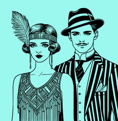 Dessin au trait - Personnage années folles - 1920 - couple en costume
