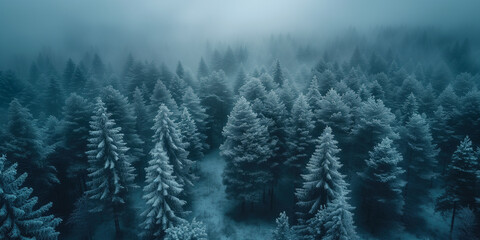 foggy winter landscape with coniferous forest