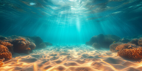 Fototapeta na wymiar underwater view of coral reef with sunbeams and rays of light