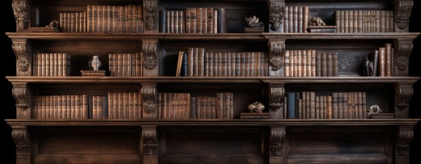 The wall full shelf of ancient books and manuscripts in library room vintage style. AI generated