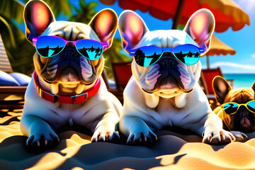 A realistic depiction of a French Bulldog lounging on a beach bed - obrazy, fototapety, plakaty
