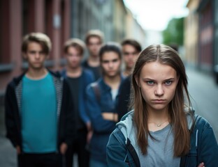 Obraz premium Teenage girl standing alone in the street with a group of people behind her. Generative AI.