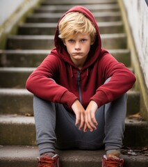 A young boy sitting on the steps of a building. Generative AI.