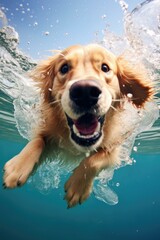 A dog is swimming under water with its mouth open. Generative AI.