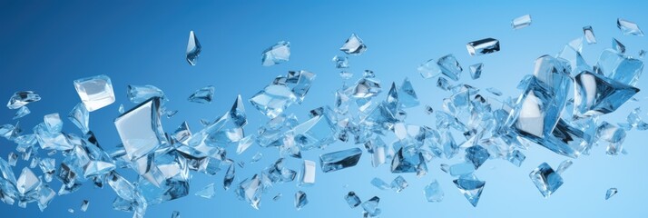 Flying glass fragments on a blue background. Wide format banner