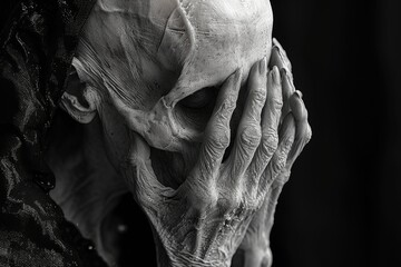 A stoic outdoor portrait of a person with a skull painted on their face, their wrinkles hinting at a lifetime of stories untold
