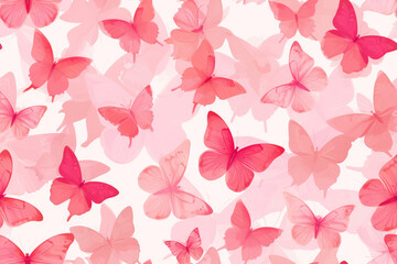A delicate collection of pink butterflies with transparent wings on a soft pastel background.
