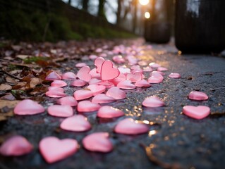 Obraz na płótnie Canvas Valentine's day background with pink hearts on wet asphalt.
