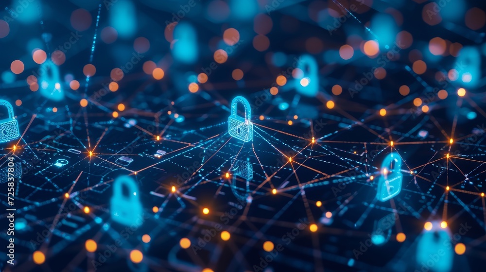 Poster secure connections: a network of security signs against the lock symbol