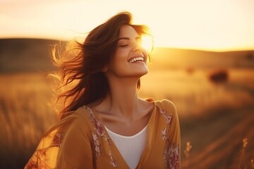 Backlit Portrait of calm happy smiling free woman