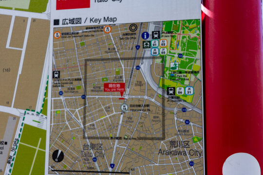 Tokyo, Japan, October 26, 2023: Close-up of a City Map Information Board.
