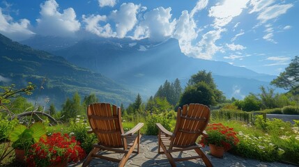 wooden chairs arranged on the terrace of a rustic cabin, offering picturesque views of majestic mountains bathed in spring sunlight.