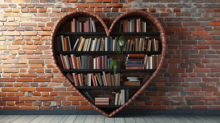 shaped bookshelf of hearts in a brick wall