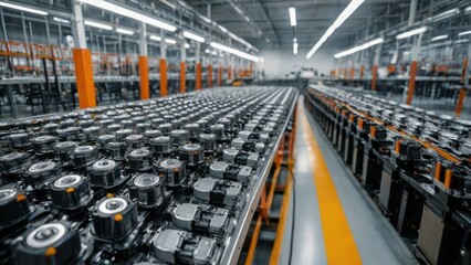 Mass production assembly line of electric vehicle battery cells close-up view.  generative, ai. - obrazy, fototapety, plakaty