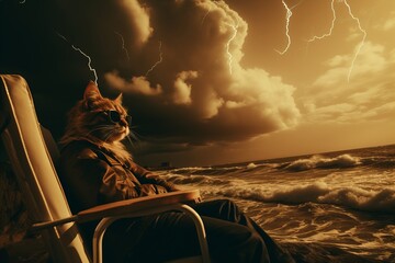 Relaxed cat with sunglasses on beach chair, stormy sky, lightning strikes, ocean storm - obrazy, fototapety, plakaty