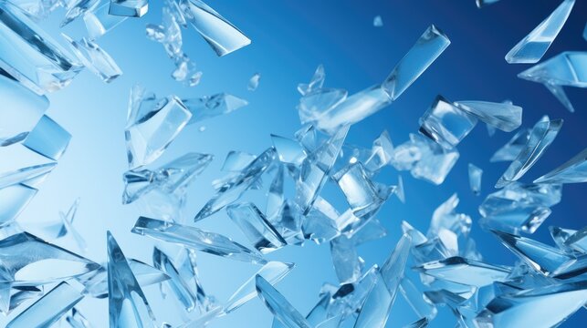 Flying glass fragments on a blue background.
