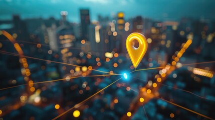 idea of city connectivity as a yellow map pin highlights a specific destination amidst a cityscape backdrop, symbolizing both the physical and digital aspects of navigation.