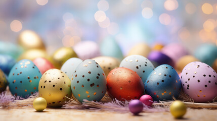 Tło na życzenia Wielkanocne.  Alleluja - Wesołych świąt Wielkiej Nocy. Zając wielkanocny wśród kolorowych pisanek, jaj. 