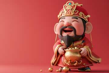 A cheerful Caishen, the Chinese God of Wealth, holding a pot of gold, symbolizing prosperity and good fortune.