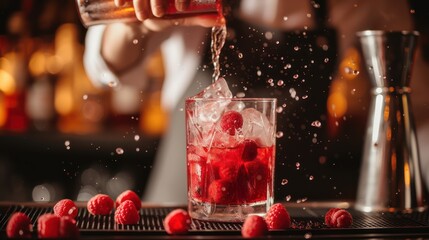 A picture of a bartender preparing a cocktail using fresh raspberries in a close-up shot. - obrazy, fototapety, plakaty