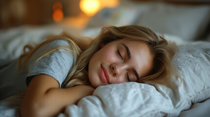 Obraz na płótnie Canvas beautiful young girl sleeping in bed, pillow, blanket, lifestyle, dreams, woman, portrait, closed eyes, daily routine, health, sheet, bed linen, top view, sleep