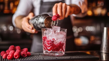 Fototapeta na wymiar A picture of a bartender preparing a cocktail using fresh raspberries in a close-up shot.