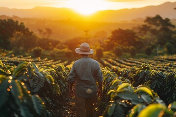 Fototapeta premium man with hat walking through a coffee field at sunrise