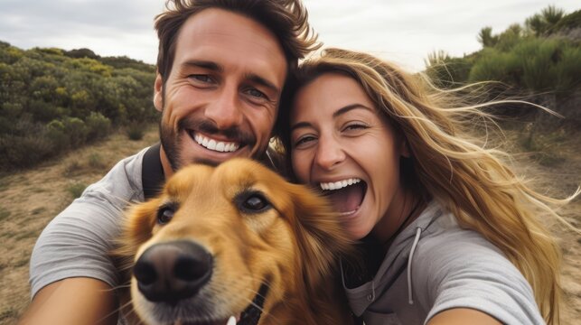 A close-up selfie of a joyful couple with a golden retriever dog in the photo.