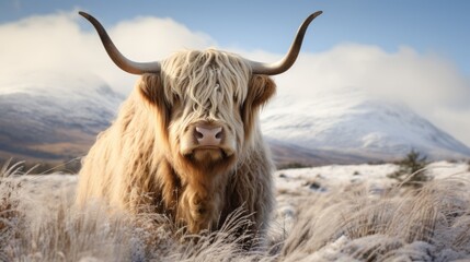 A hairy Scottish Highlander lies on a snowy field against the backdrop of a beautiful winter landscape in the Netherlands.