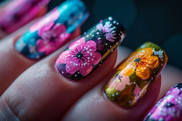 Close up of nails painted with colorful flowers
