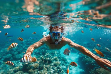 Man snorkeling in crystal clear waters with fish and coral.