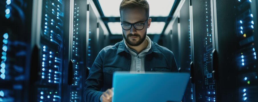 Man In Glasses Working In A Central Server Room With A Laptop Computer On Top