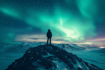  Man Silhouetted Atop a Mountain Amidst a Sky Alive with Green and Purple Aurora Borealis"