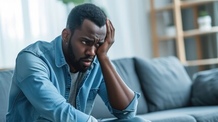 A distressed African American man is seated on a sofa, clutching his head in his hand, displaying a troubled or anxious expression. - Powered by Adobe