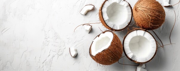 Obraz na płótnie Canvas The concept of healthy food is creatively displayed in a flat lay photo of fresh coconuts on a white background.