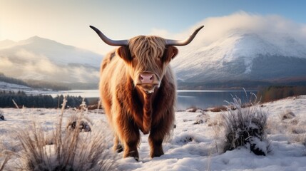 A hairy Scottish Highlander looks at the camera against the backdrop of a beautiful winter landscape in the Netherlands. Copy Space.