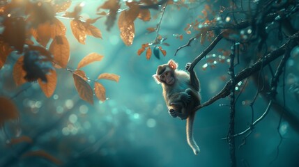 In a mystical forest, a playful monkey swings effortlessly from one tree to another, with the background elegantly blurred to emphasize the creature's nimble movements - obrazy, fototapety, plakaty