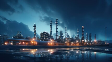photo of a large oil refinery at night and reflecting refractory glass and sky - obrazy, fototapety, plakaty