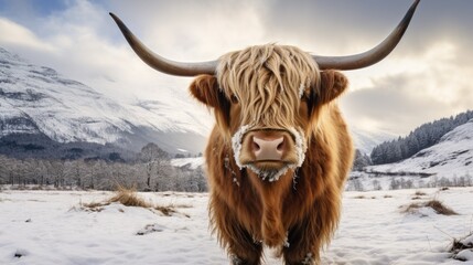 A beautiful Scottish highland cow with long horns on the background of a winter landscape from the copy space.