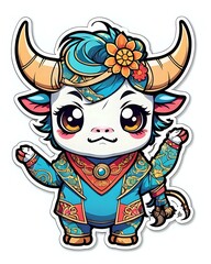 Obraz premium Illustration of a cute Bull sticker with vibrant colors and a playful expression